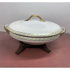 Antique Mercer Pottery Covered Oval Vegetable Dish Green Vine Design READ